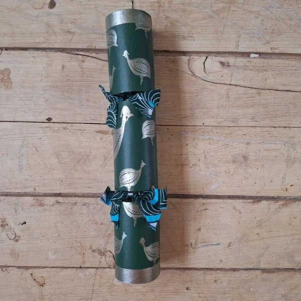 Gold Christmas Cracker 010 (single): green with gold guinea fowl
