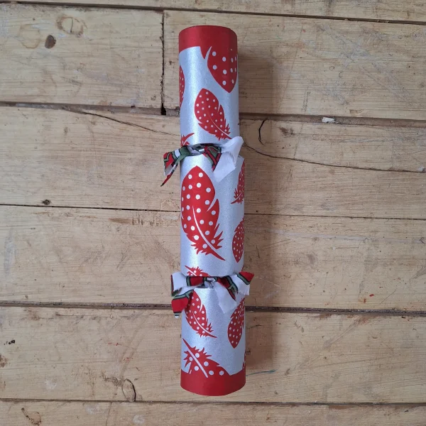 Silver Christmas Cracker 004 (single): silver with red feathers