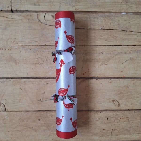 Silver Christmas Cracker 005 (single): silver with red guinea fowl