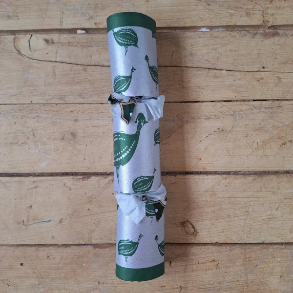 Silver Christmas Cracker 010 (single): silver with green guinea fowl