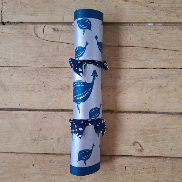 Silver Christmas Cracker 015 (single): silver with blue guinea fowl