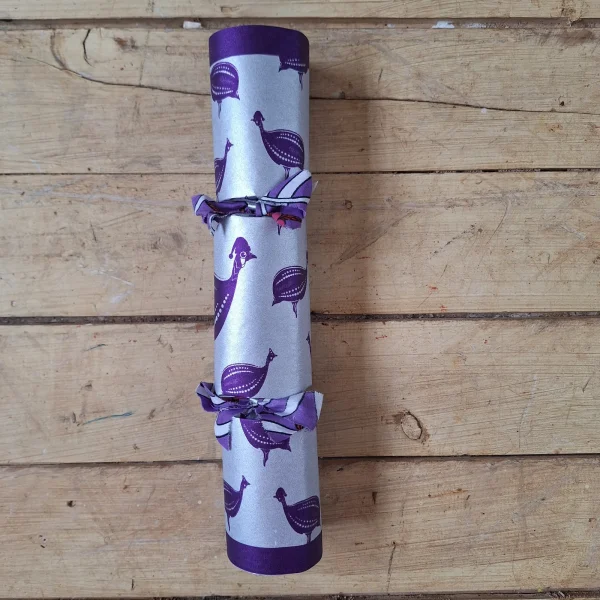 Silver Christmas Cracker 019 (single): silver with purple guinea fowl