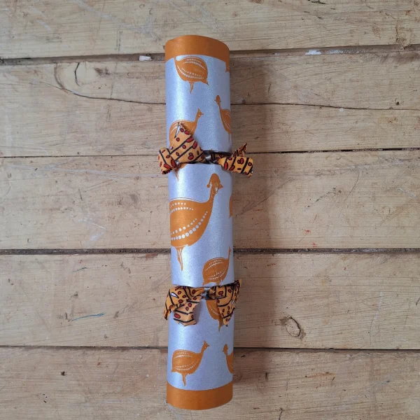 Silver Christmas Cracker 024 (single): silver with orange guinea fowl